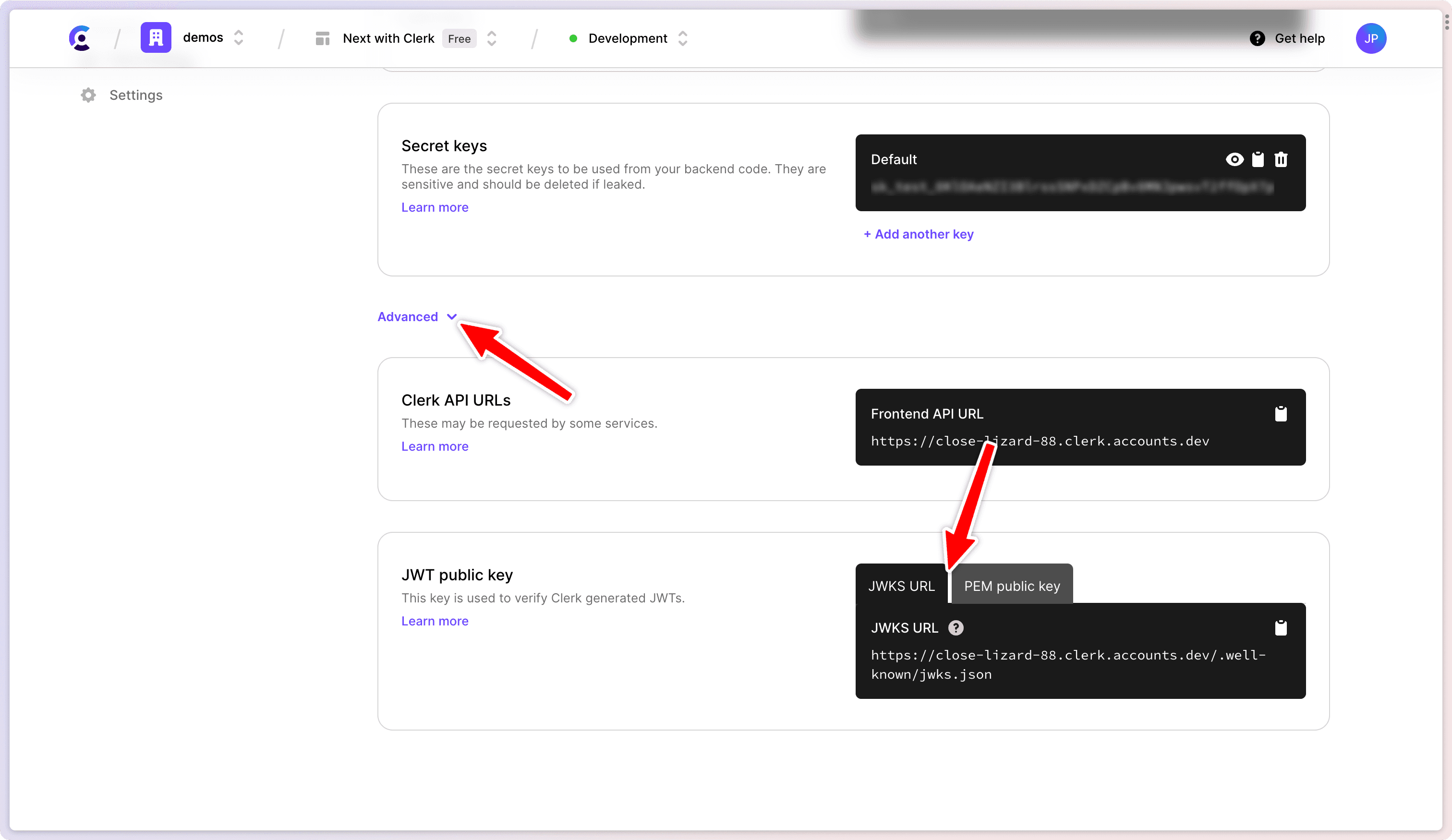 Clerk Dashboard JWT verification key
