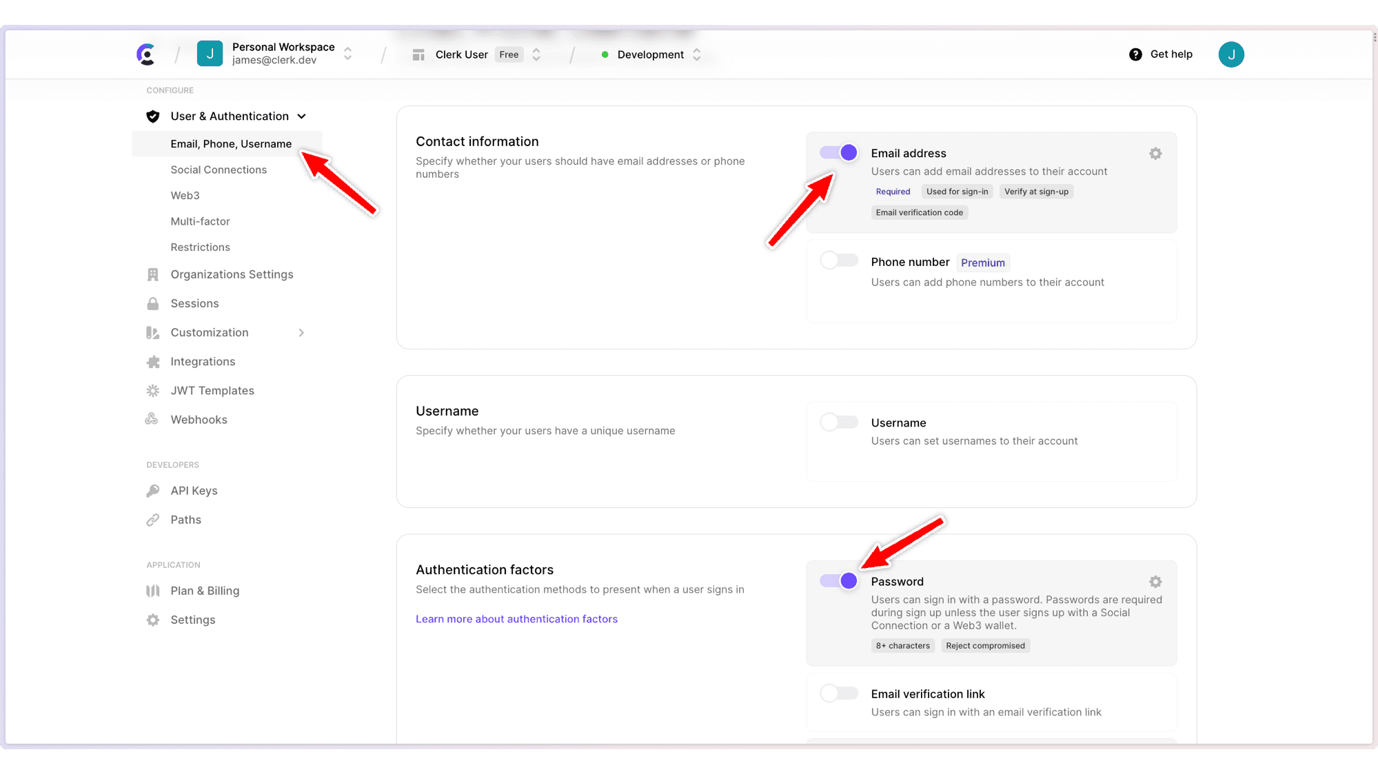 example of enabling email and password